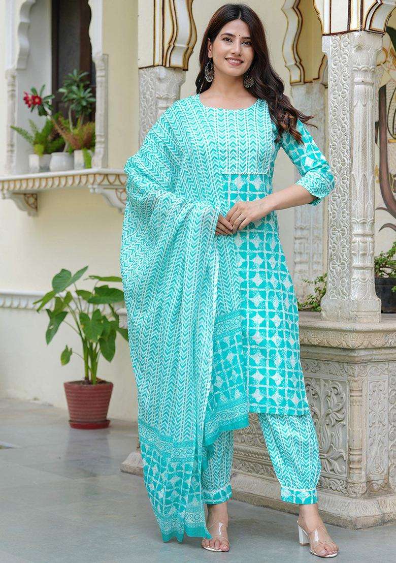 Turquoise Blue Printed Cotton Kurta Set - Indya