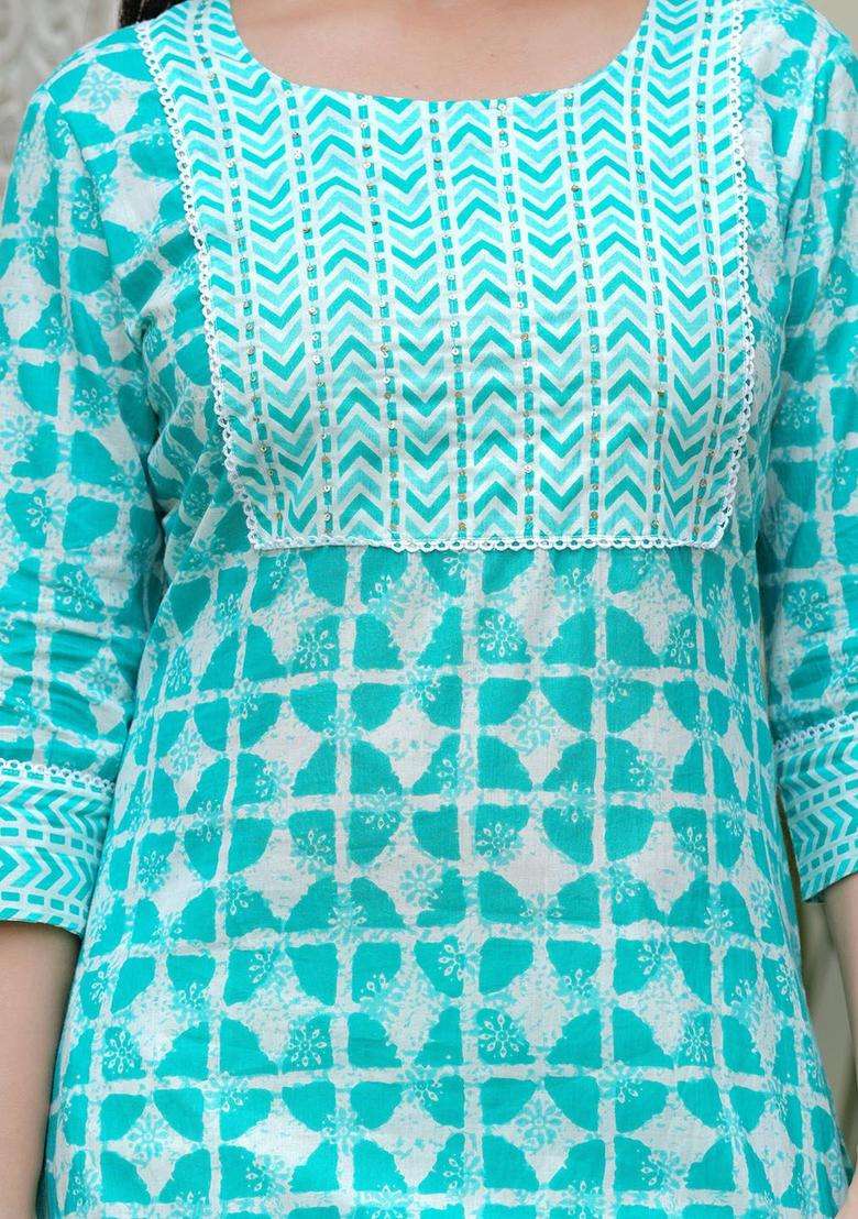 Turquoise Blue Printed Cotton Kurta Set - Indya