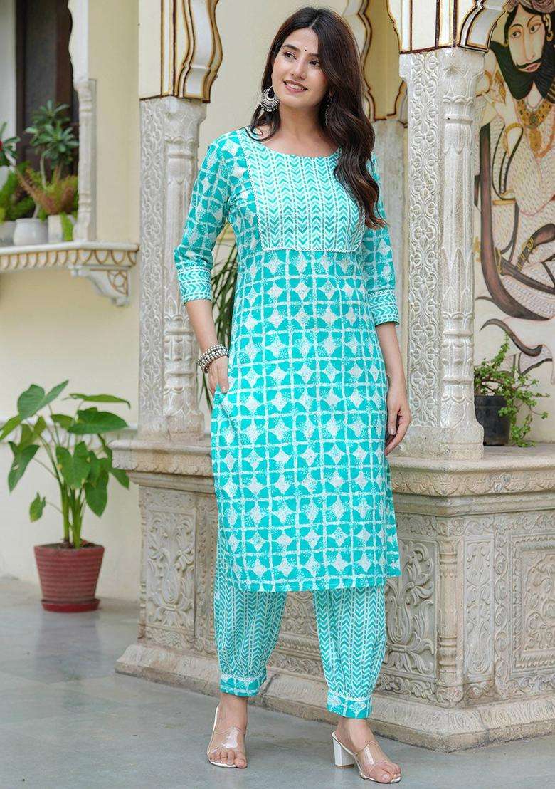 Turquoise Blue Printed Cotton Kurta Set - Indya