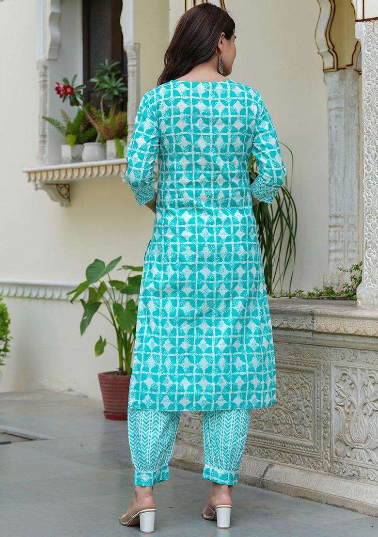 Turquoise Blue Printed Cotton Kurta Set - Indya