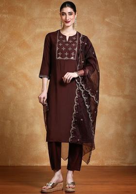 Brown Yoke Design Cotton Kurta Set