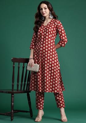 Maroon Printed Cotton Kurta Set