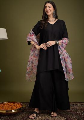 Black Solid Viscose Kurta Set