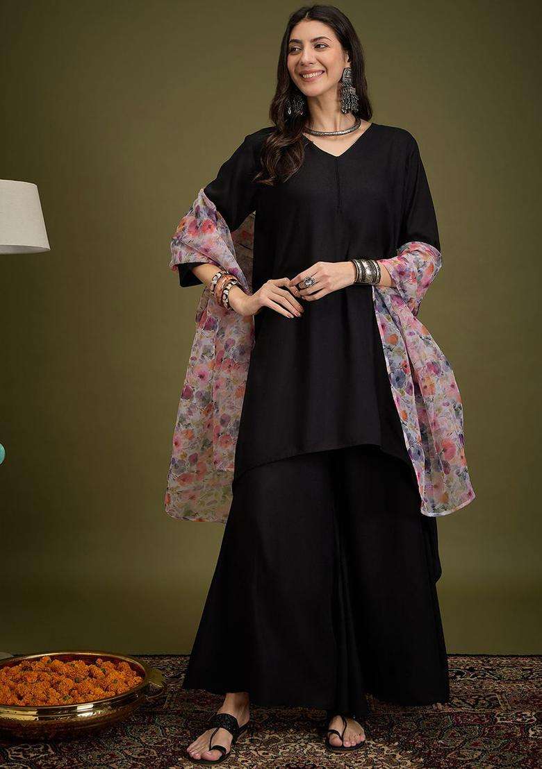 Black Solid Viscose Kurta Set - Indya