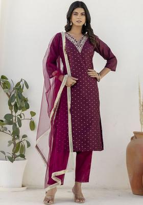 Purple Woven Design Silk Blend Kurta Set