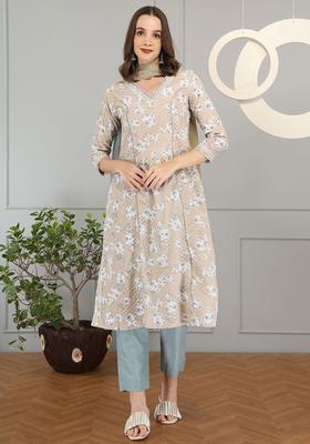 Brown Printed Cotton Kurta Set