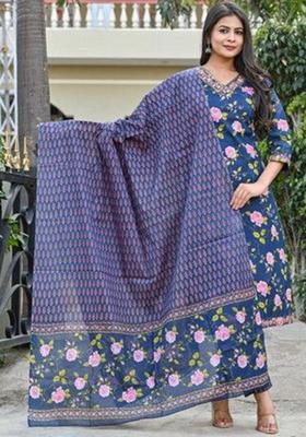 Navy Blue Printed Cotton Kurta Set