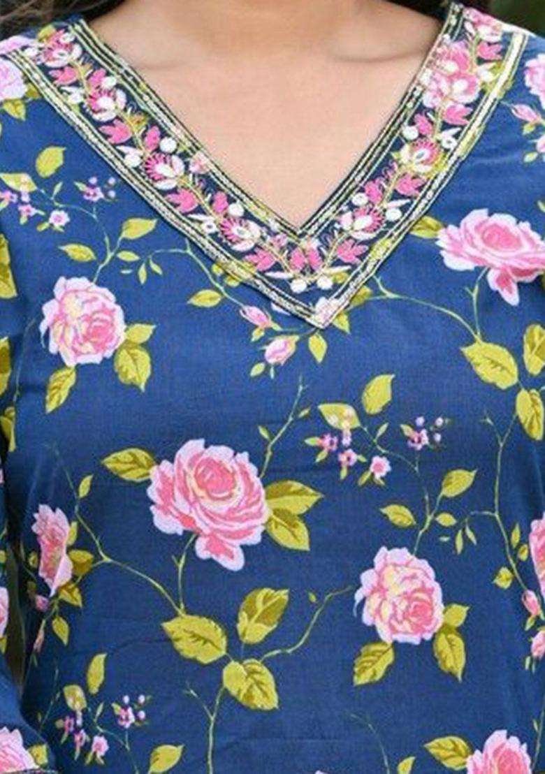 Navy Blue Printed Cotton Kurta Set - Indya