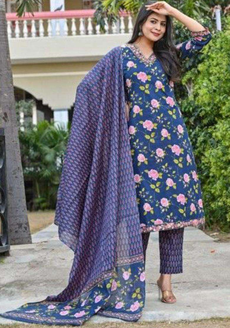 Navy Blue Printed Cotton Kurta Set - Indya