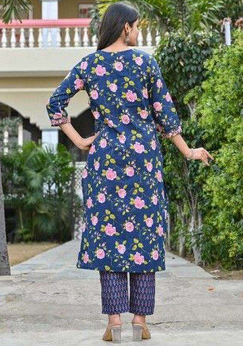 Navy Blue Printed Cotton Kurta Set - Indya