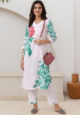 Off White Printed Polyester Kurta Set