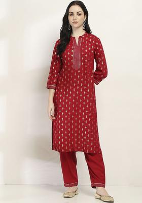 Maroon Printed Viscose Kurta Set
