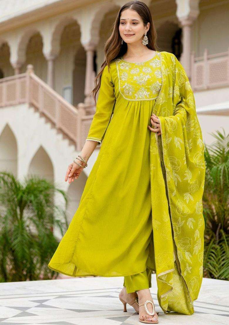Lime Green Embroidered Chinon Kurta Set - Indya