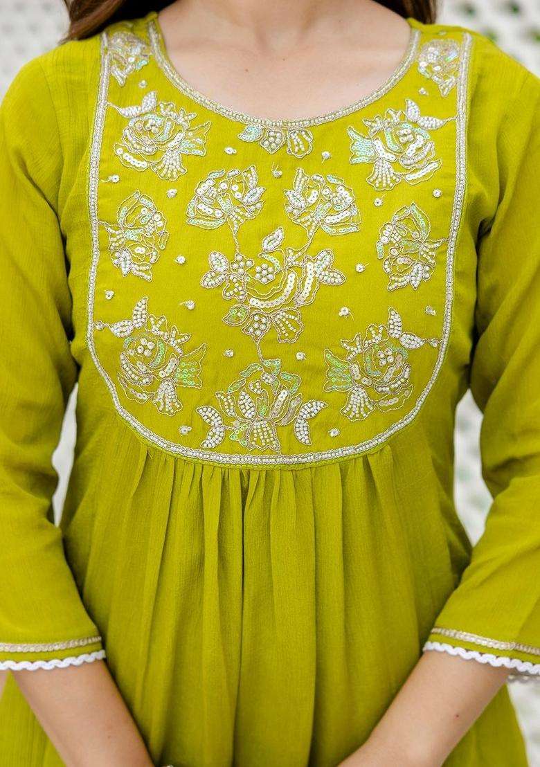 Lime Green Embroidered Chinon Kurta Set - Indya
