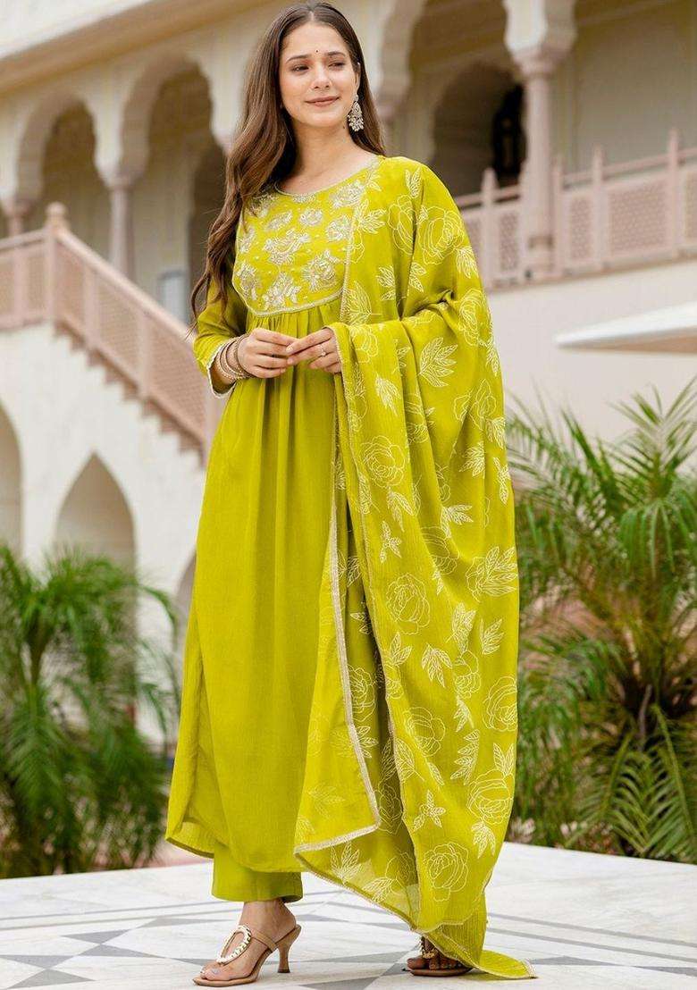 Lime Green Embroidered Chinon Kurta Set - Indya