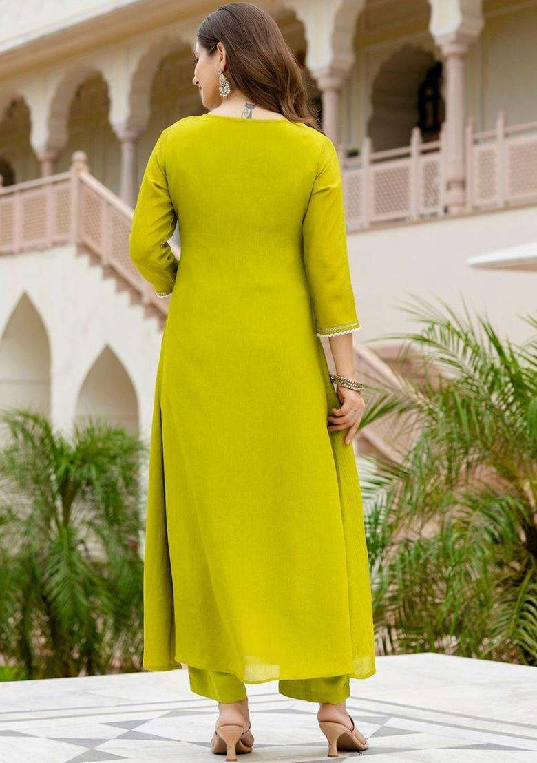 Lime Green Embroidered Chinon Kurta Set - Indya