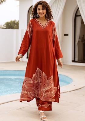 Rust Printed Viscose Kurta Set
