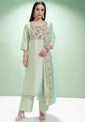 Green Embroidered Polyester Kurta Set