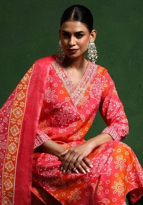 Orange Printed Cotton Kurta Set