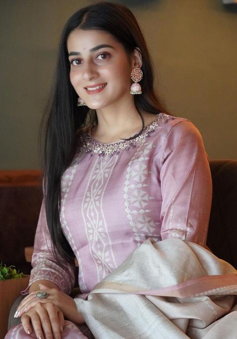 Pink Printed Satin Kurta Set — view on Indya