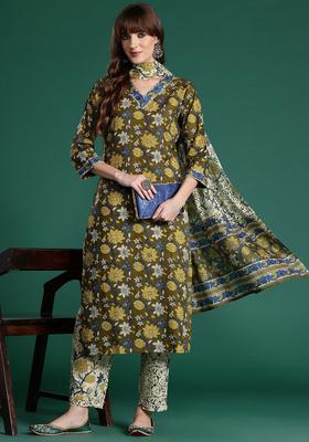Olive Printed Cotton Kurta Set
