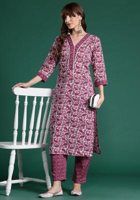 Purple Printed Cotton Kurta Set