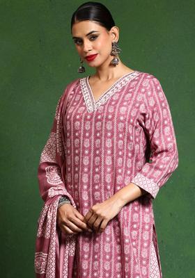 Mauve Printed Cotton Kurta Set