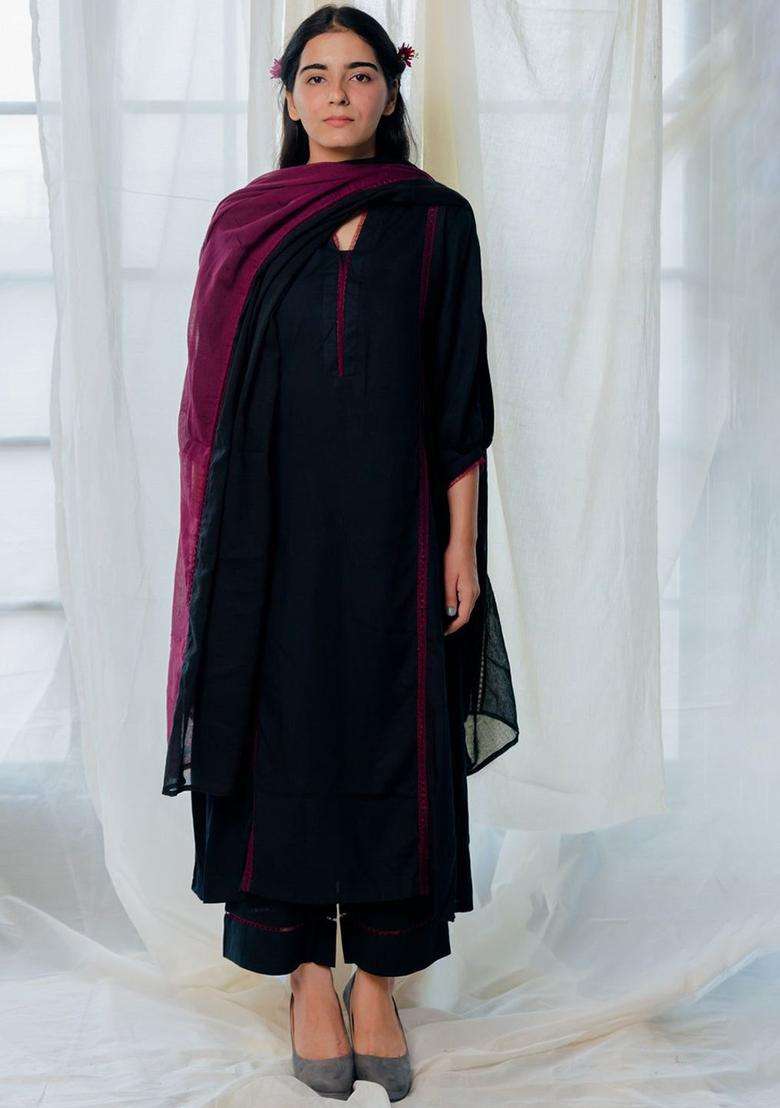 Black Solid Viscose Kurta Set - Indya
