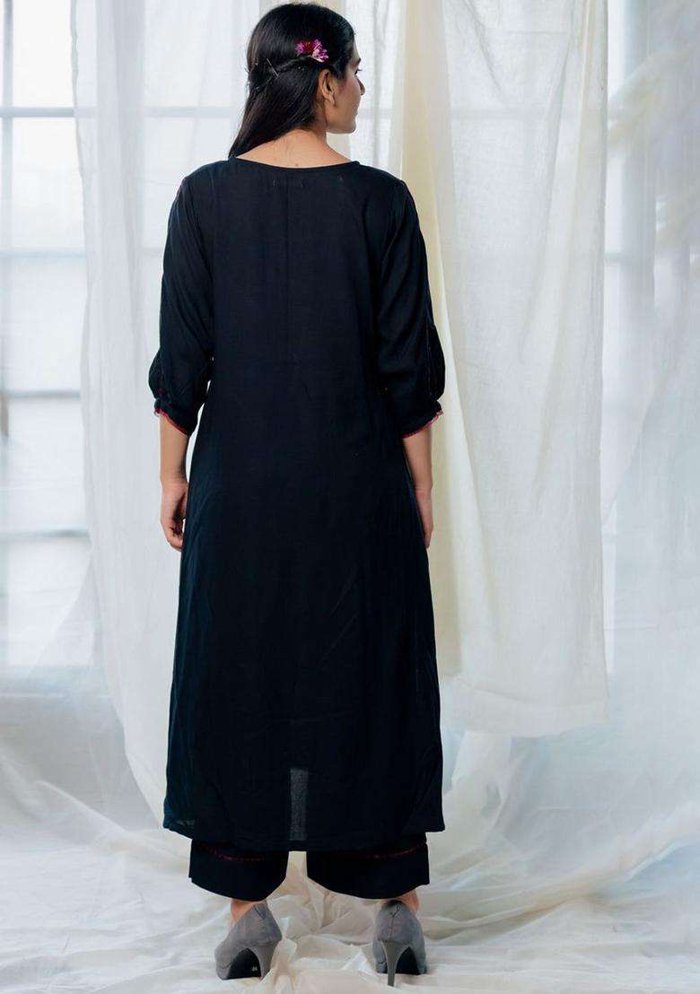 Black Solid Viscose Kurta Set - Indya