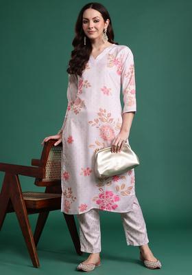 Peach Printed Cotton Kurta Set