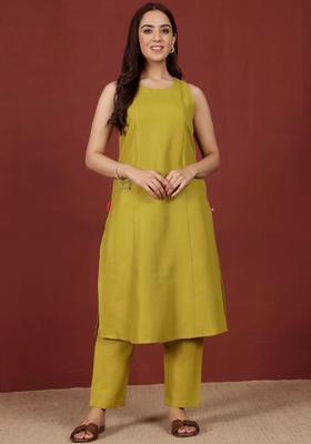 Lime Green Solid Cotton Kurta Set