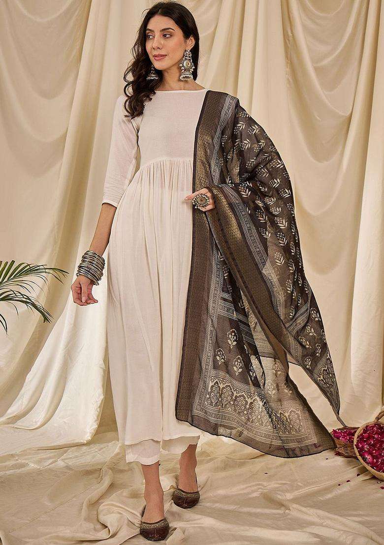 White Solid Viscose Kurta Set - Indya