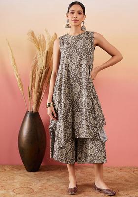 Brown Printed Viscose Kurta Set