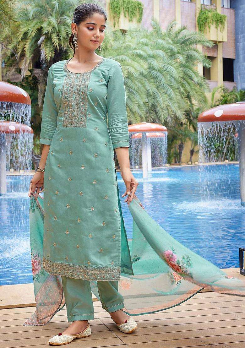 Sea Green Embroidered Silk Blend Kurta Set - Indya