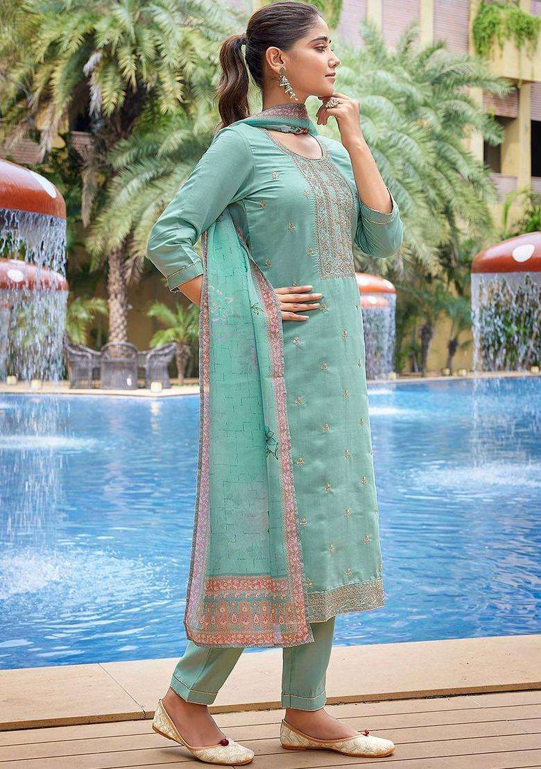 Sea Green Embroidered Silk Blend Kurta Set - Indya