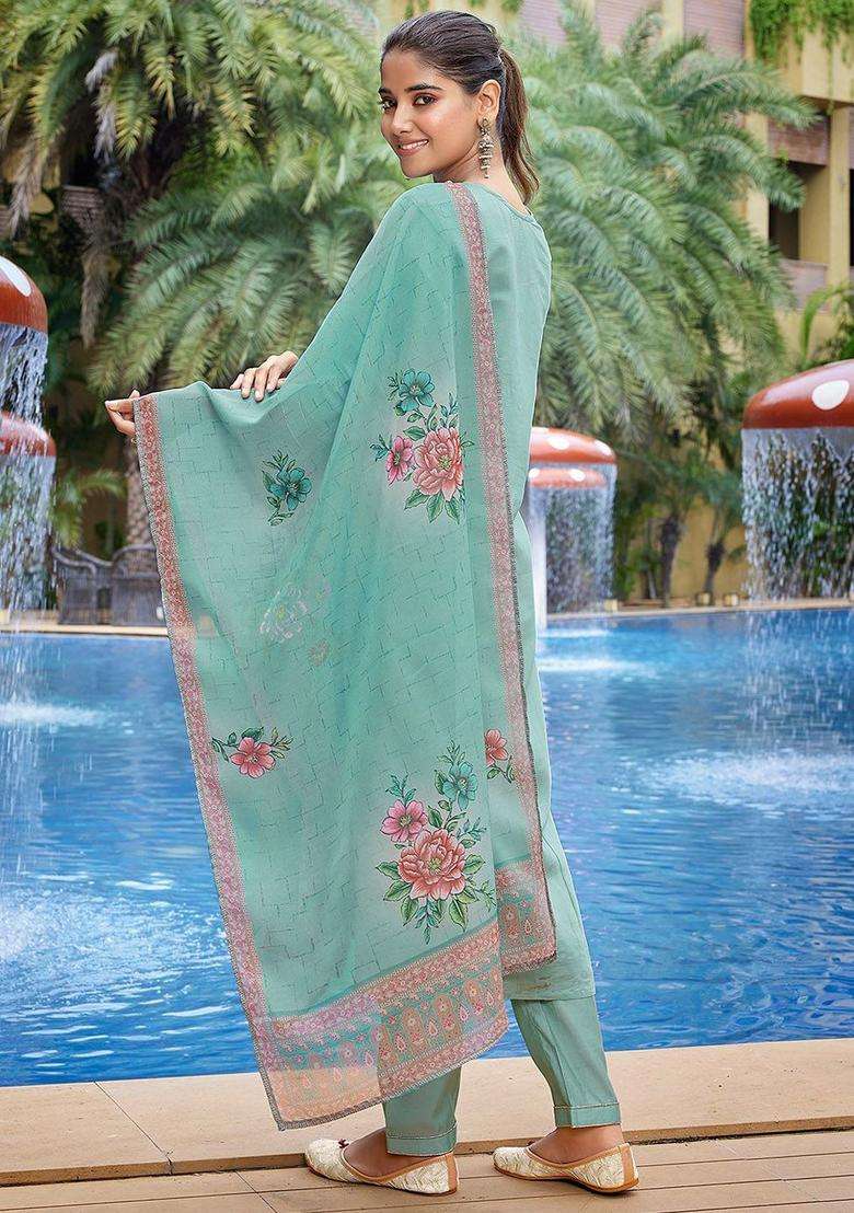 Sea Green Embroidered Silk Blend Kurta Set - Indya