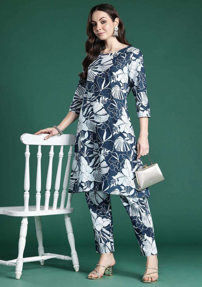 Navy Blue Printed Cotton Kurta Set - Indya