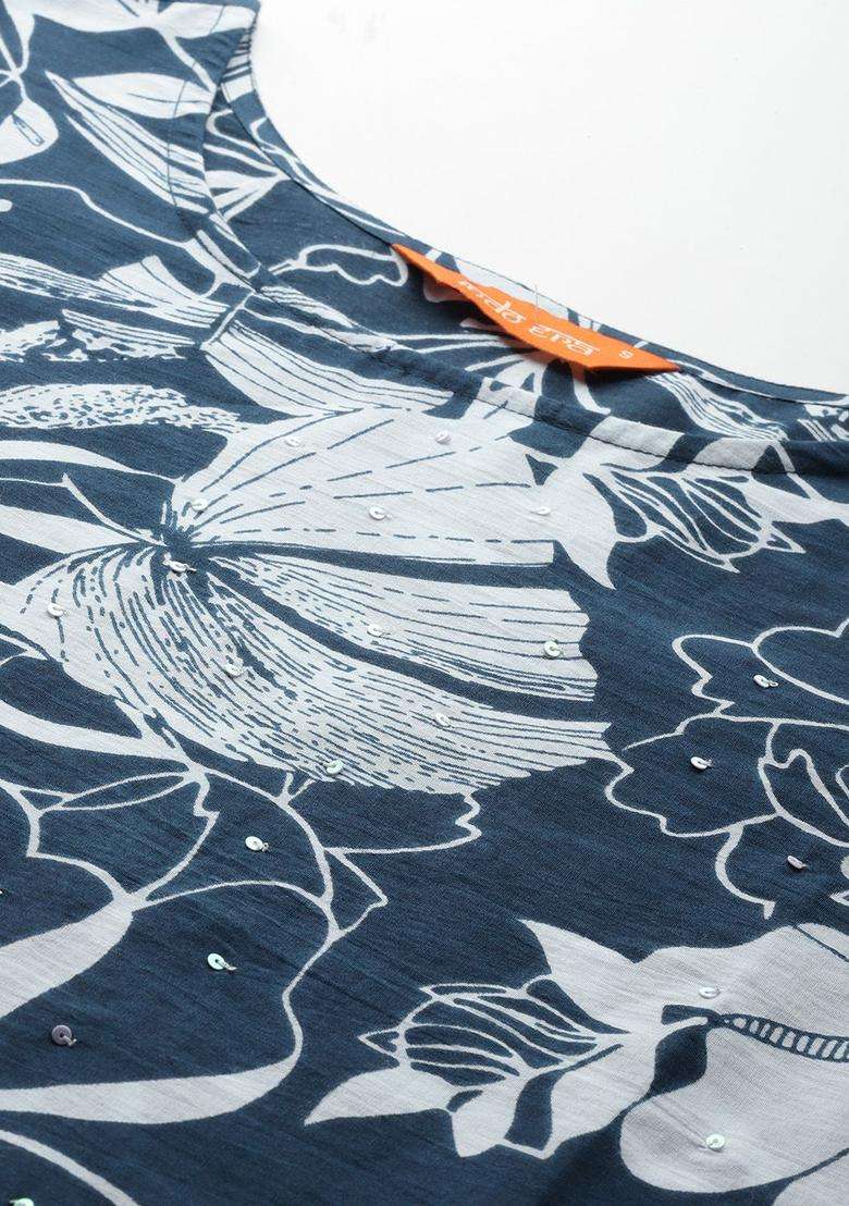 Navy Blue Printed Cotton Kurta Set - Indya