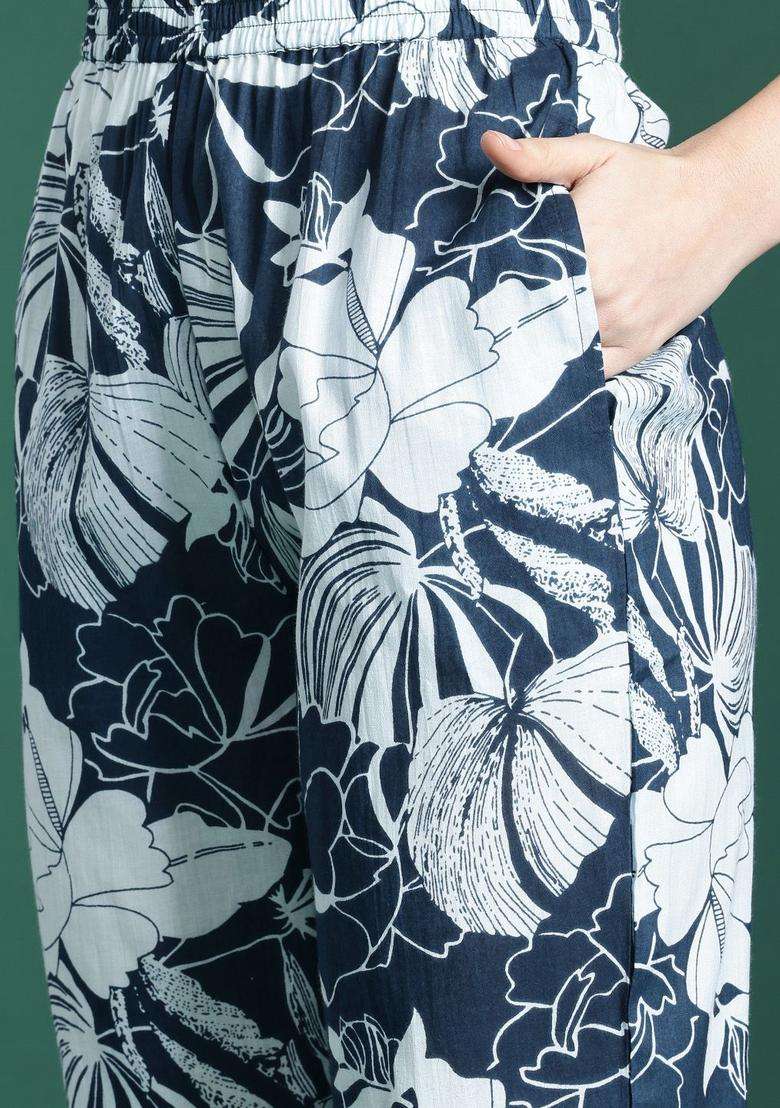 Navy Blue Printed Cotton Kurta Set - Indya