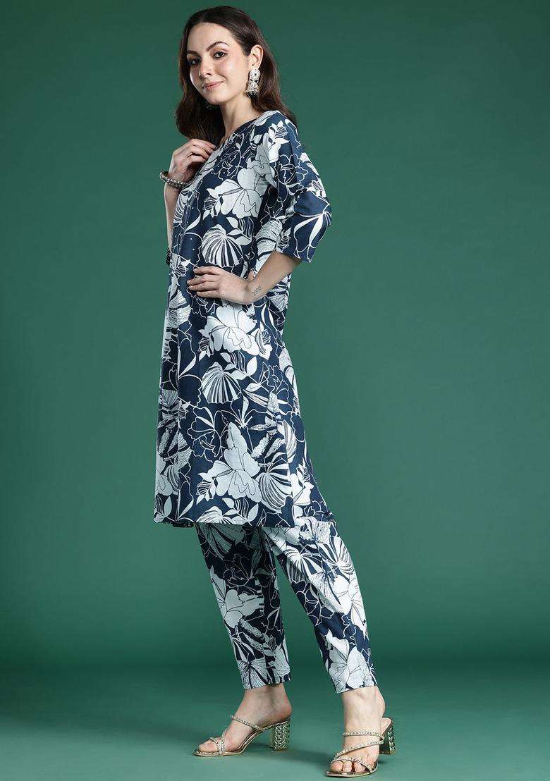Navy Blue Printed Cotton Kurta Set - Indya