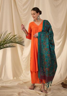 Orange Solid Viscose Kurta Set