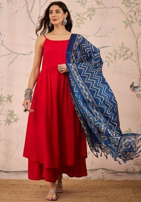 Red Solid Viscose Kurta Set