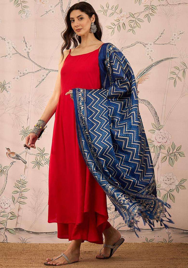 Red Solid Viscose Kurta Set - Indya