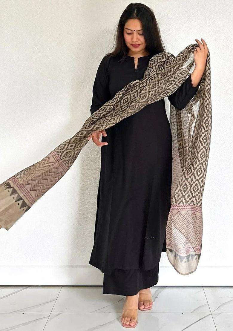 Black Solid Viscose Kurta Set - Indya
