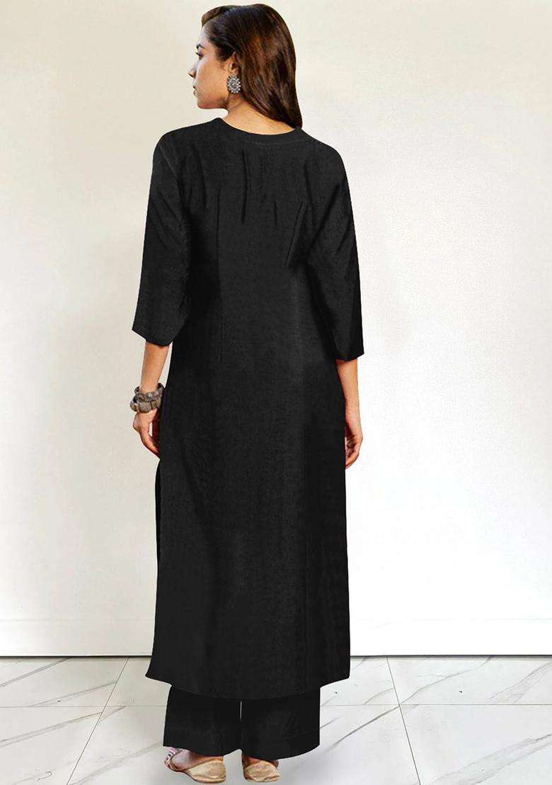 Black Solid Viscose Kurta Set - Indya
