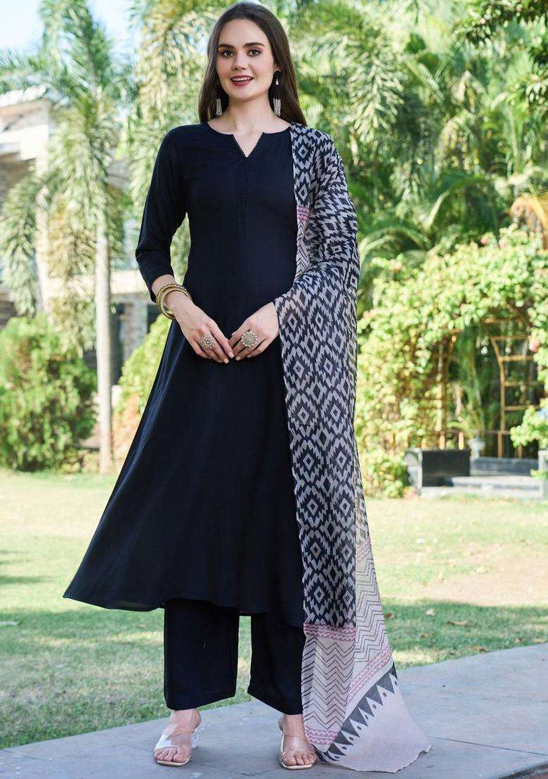 Black Solid Viscose Kurta Set - Indya