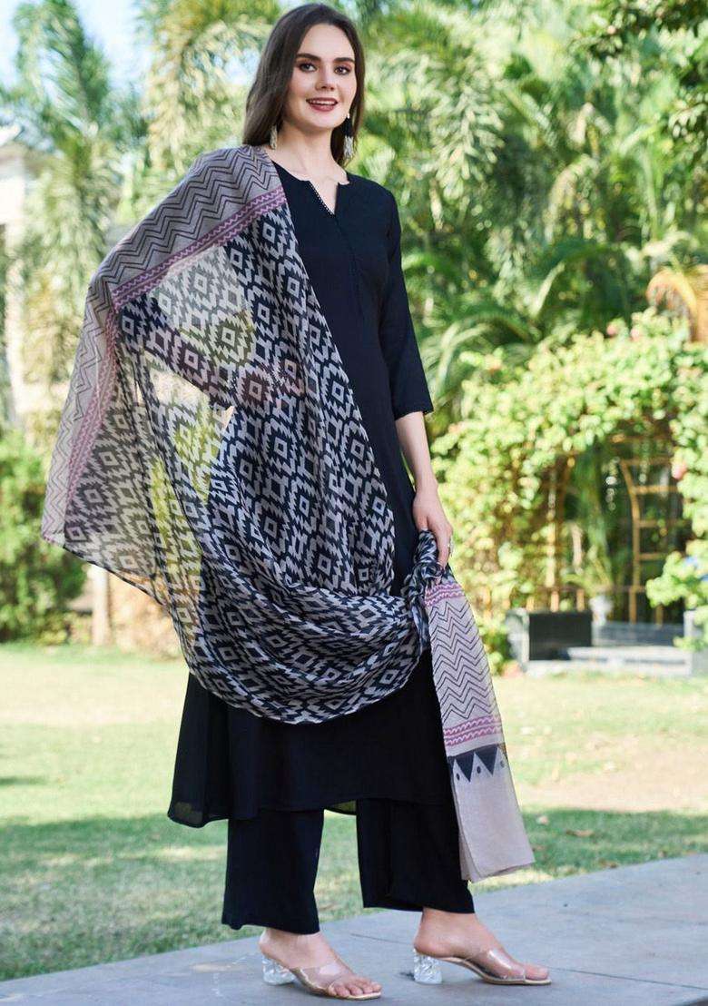 Black Solid Viscose Kurta Set - Indya
