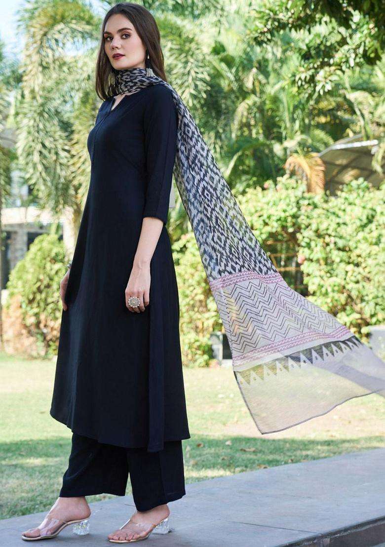 Black Solid Viscose Kurta Set - Indya