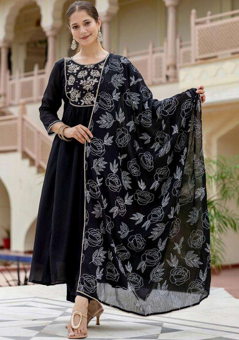 Black Embroidered Chinon Kurta Set - Indya
