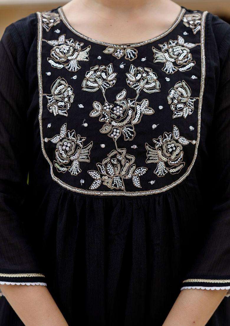 Black Embroidered Chinon Kurta Set - Indya
